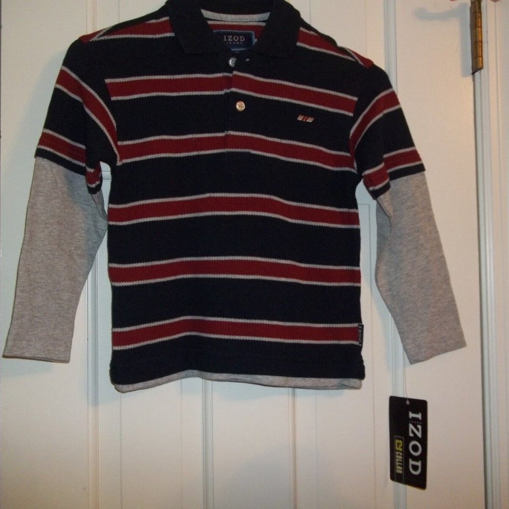 IZOD BOYS SIZE 4 (S) POLO PULLOVER SHIRT.  NAVY,GRAY AND BURGUNDY STRIPED